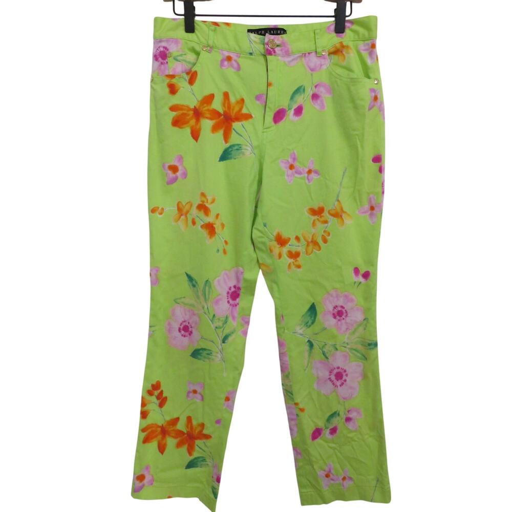Vintage Ralph Lauren Sz 12 Lime Green Floral Straight leg Pants Retro Preppy